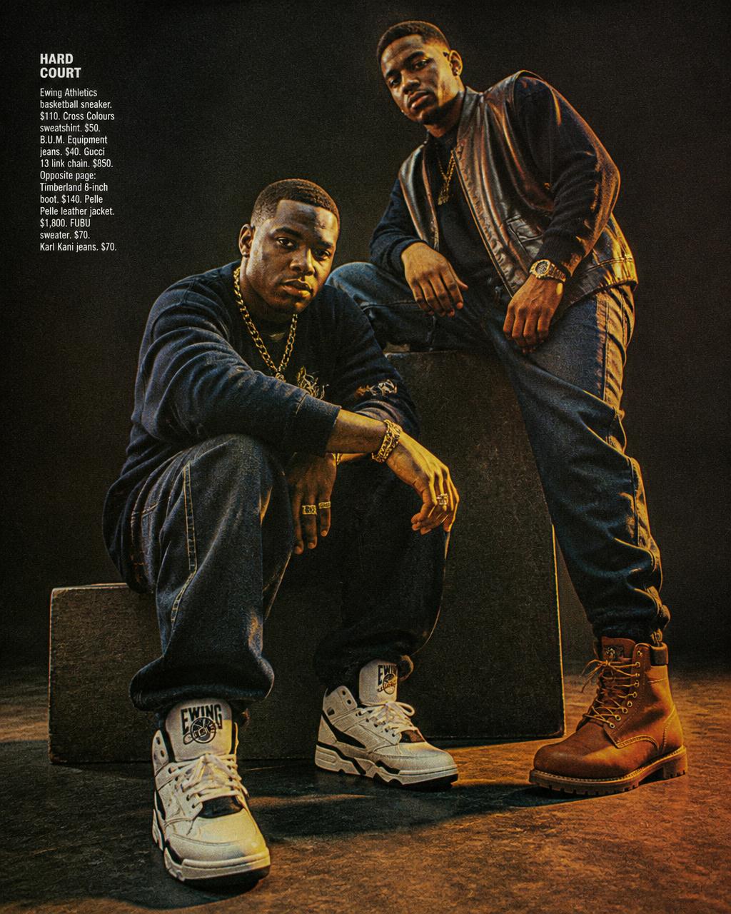 1990s streetwear footwear: chunky basketball sneakers and rugged leather boots