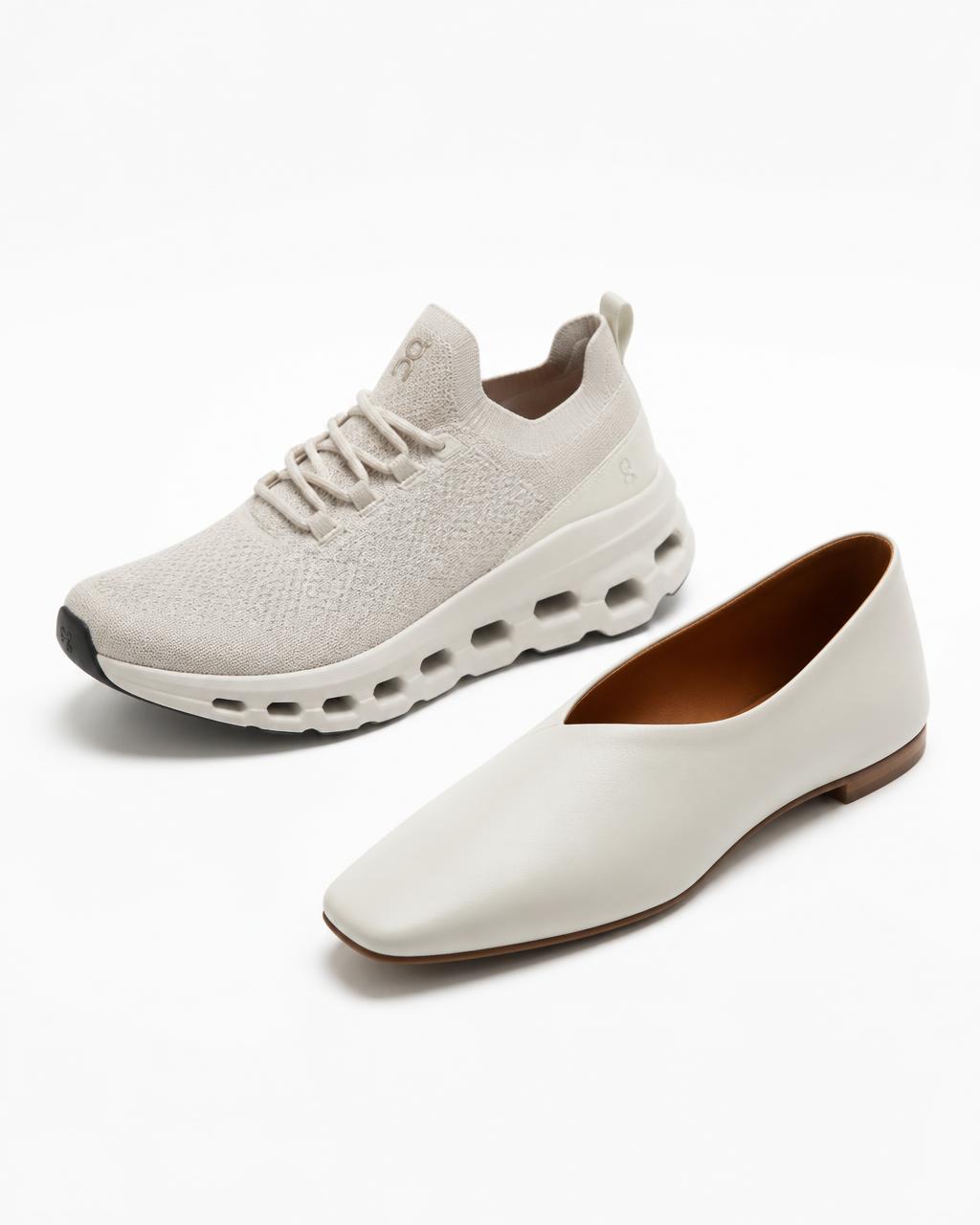 Contemporary footwear: knit performance sneaker and minimalist leather flat