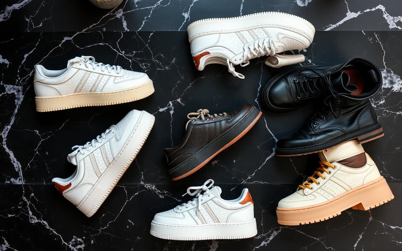 Flat lay of nineties platform sneakers and combat boots on black marble