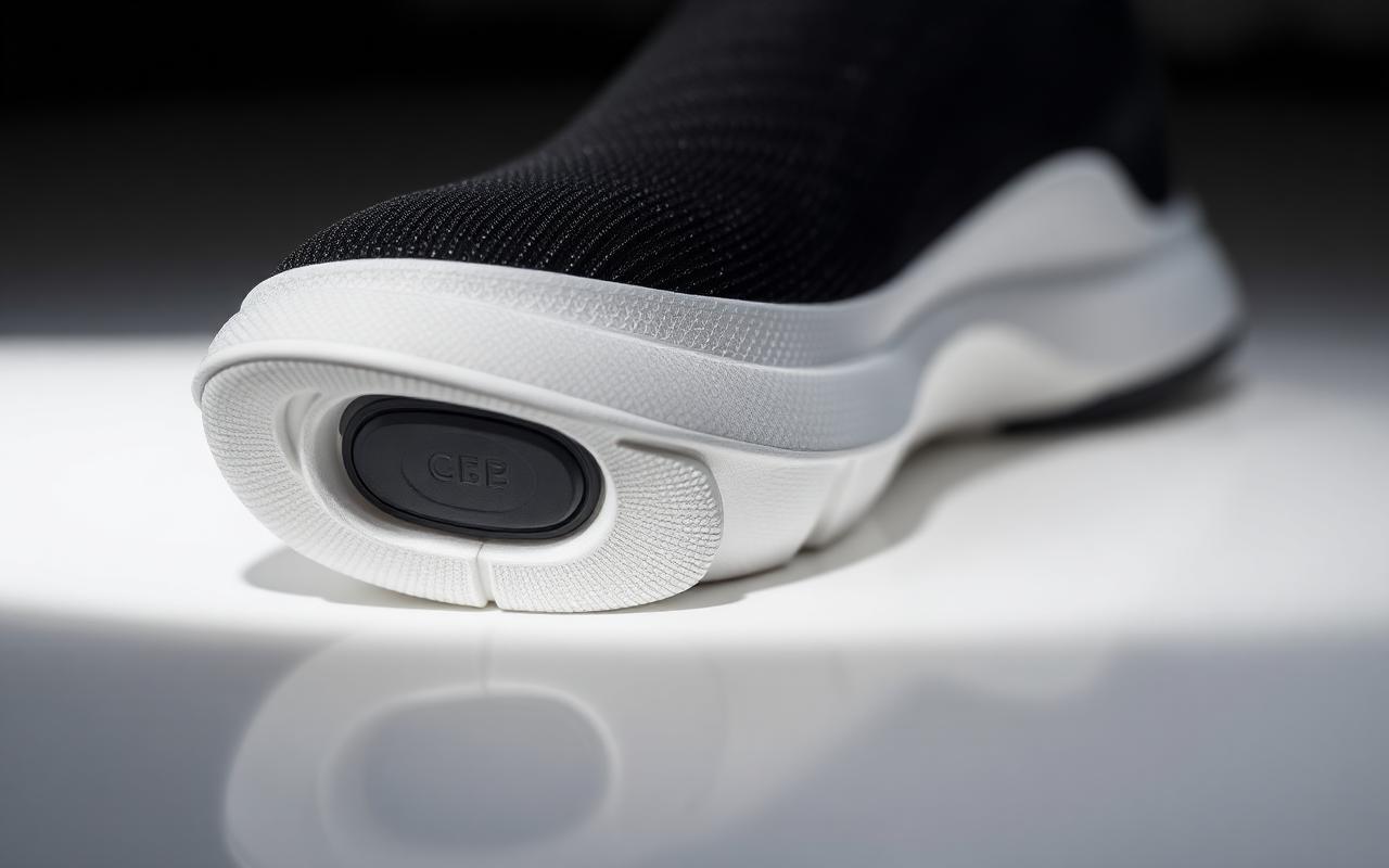 Macro detail of a modern foam midsole and knitted sneaker upper